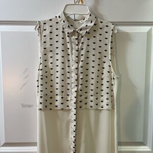 Mango Cream Blouse Button-Down Dress with Black and Red Pattern